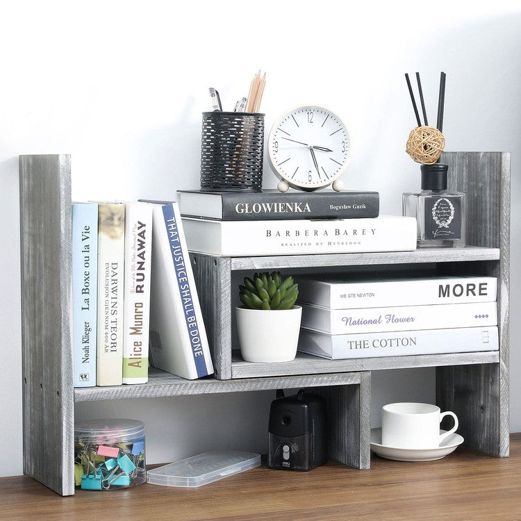 Distressed Gray Wood Adjustable Desktop Bookshelves
