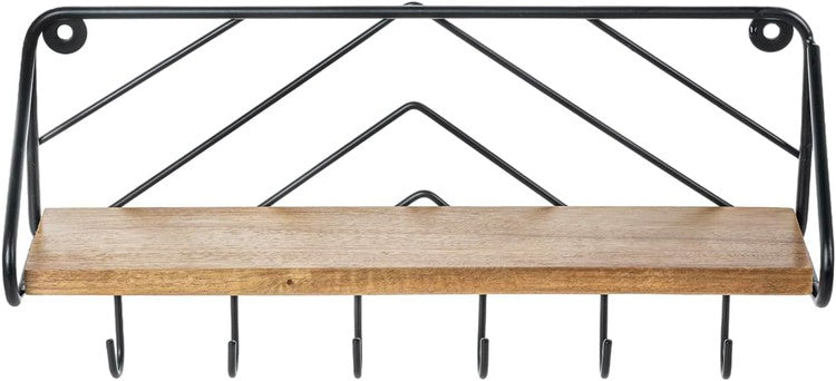 13 Inch Premium Solid Acacia Wood Entryway Key Rack Holder with 6 Hooks and Chevron Pattern Design-MyGift