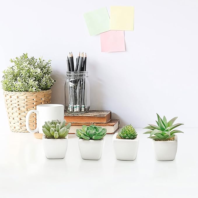 Miniature Artificial Succulent w/ Square White Ceramic Plant Pots, Set ...