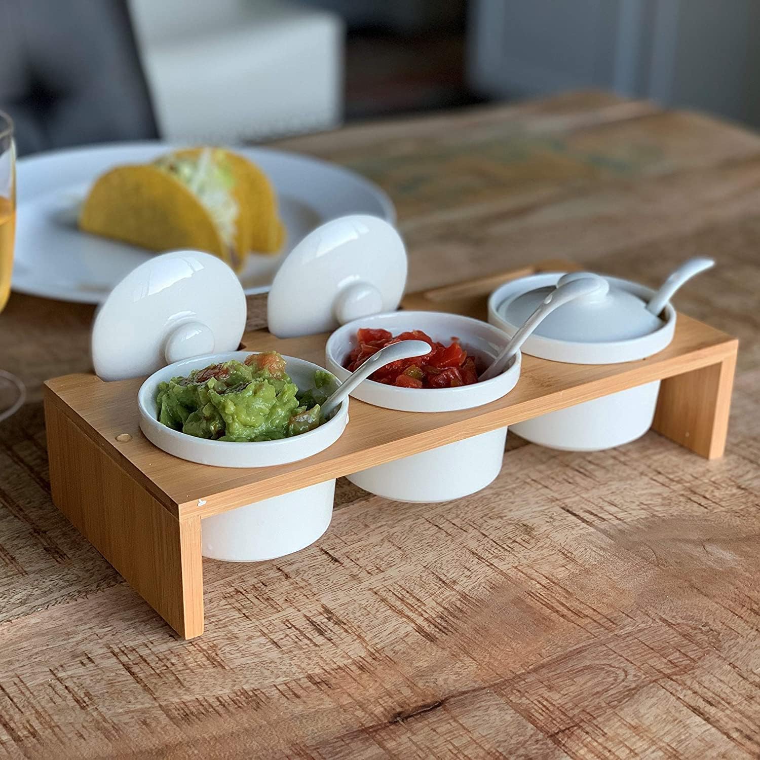 Ceramic Condiment Ramekins Set w/Lids & Spoons on Bamboo Tray