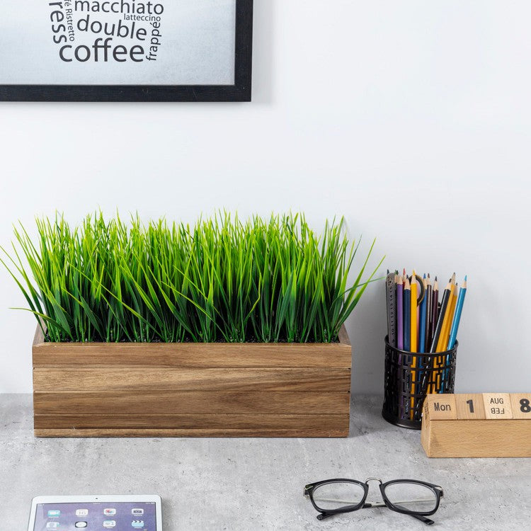 14 Inch Artificial Green Grass Plant in Wood Planter Window Box, Planter  Container