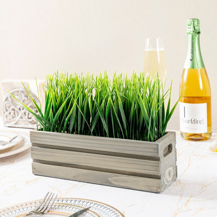 Artificial Green Grass Plant in Gray Brown Solid Wood Planter Box,  Rectangular Plant Container