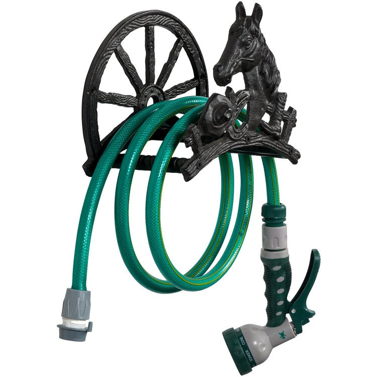 Wall Mounted Black Metal Garden Hose Reel, Decorative Frontier