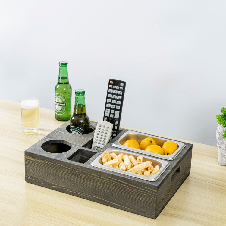 Vintage Gray Solid Wood Caddy with Dual Snack Bowls, Movie Night Entertainment Serving Tray-MyGift