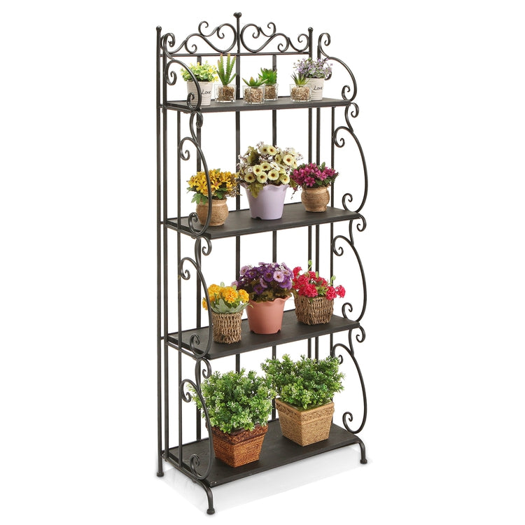 rack for plants design 4 Tier Scrollwork Design Metal & Gray Wood Decorative Bookshelf / Indoor Plant Stand