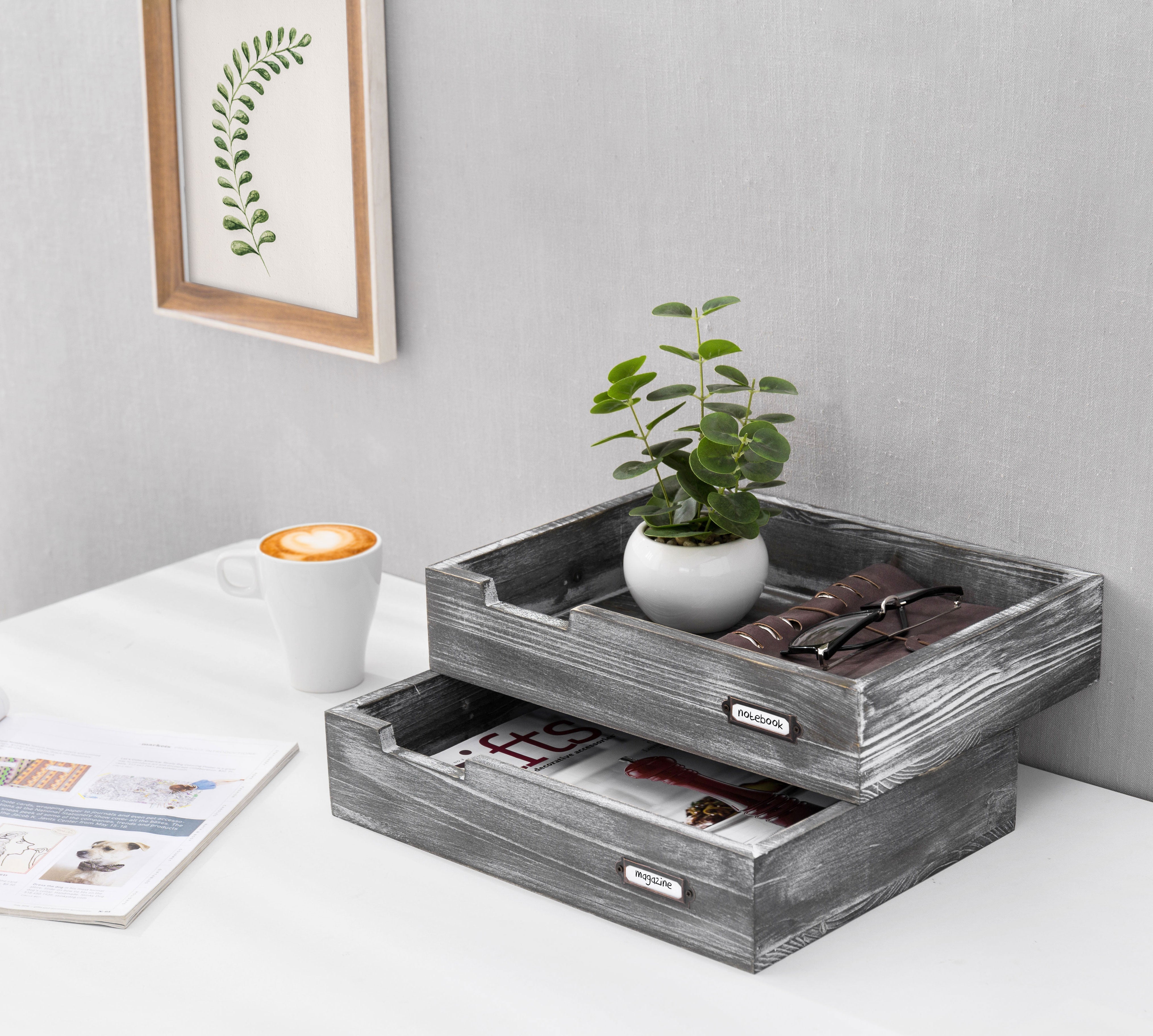 Ash Gray Wood Office Desktop Trays, Set of 2