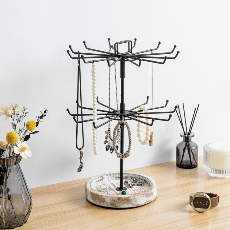Rotating Tiered Jewelry Tree in Black Metal with Whitewashed Wood Base, Spinning Necklace Tower Display Stand-MyGift