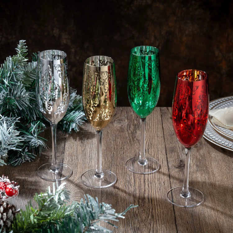 Set of 4, 6 oz Christmas Metallic Plated Stemmed Champagne Flutes, Hol –  MyGift