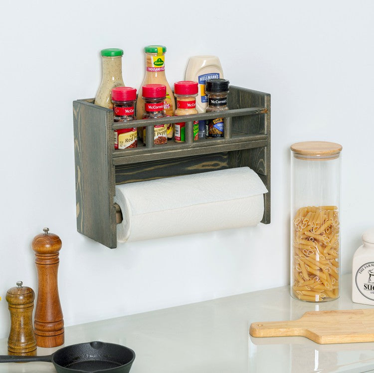 Weathered Gray Wood and Black Metal Paper Towel Roll Holder and Napkin  Dispenser Combination Storage Rack