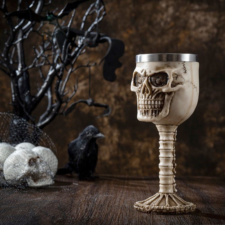 Beige Resin Skull and Bones Wine Goblet, Skeleton Chalice Drinking Cup for Halloween Table Décor