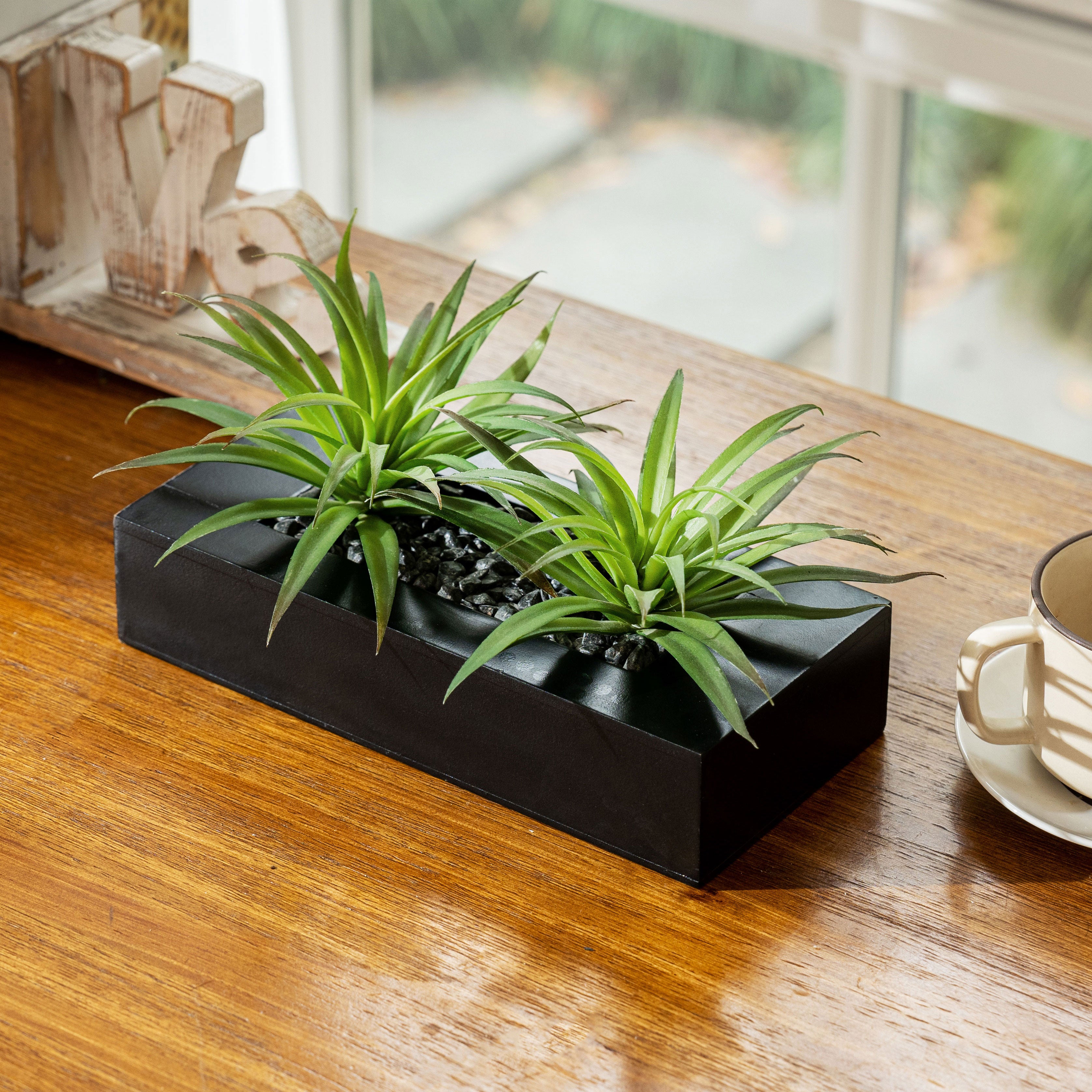 Artificial Green Grass in Rectangular Black Wood Pot