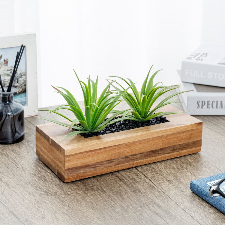Dark Brown 10 inch Artificial Green Grass Plants in Wood Rectangular Planter Pot