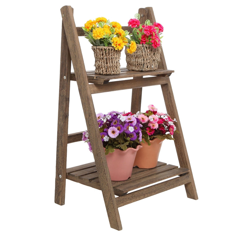 plant pot display stands Rustic Brown Wood 2-Tier Freestanding Foldable Shelf Rack or Decorativ – MyGift