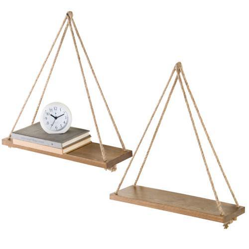 Light Brown Burnt Wood Hanging Rope Shelves, Set of 2 - MyGift