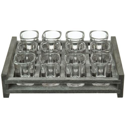 12 Shot Glass Party Server with Vintage Gray Wood Tray - MyGift