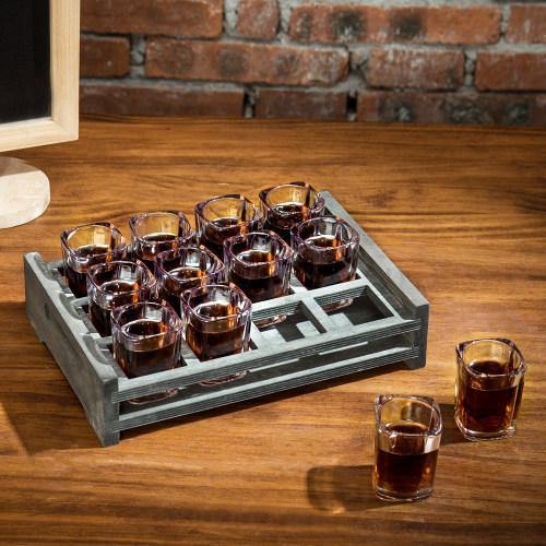12 Shot Glass Party Server with Vintage Gray Wood Tray
