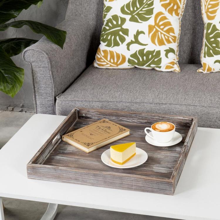 19-Inch Square Rustic Torched Wood Ottoman Tray - MyGift Enterprise LLC