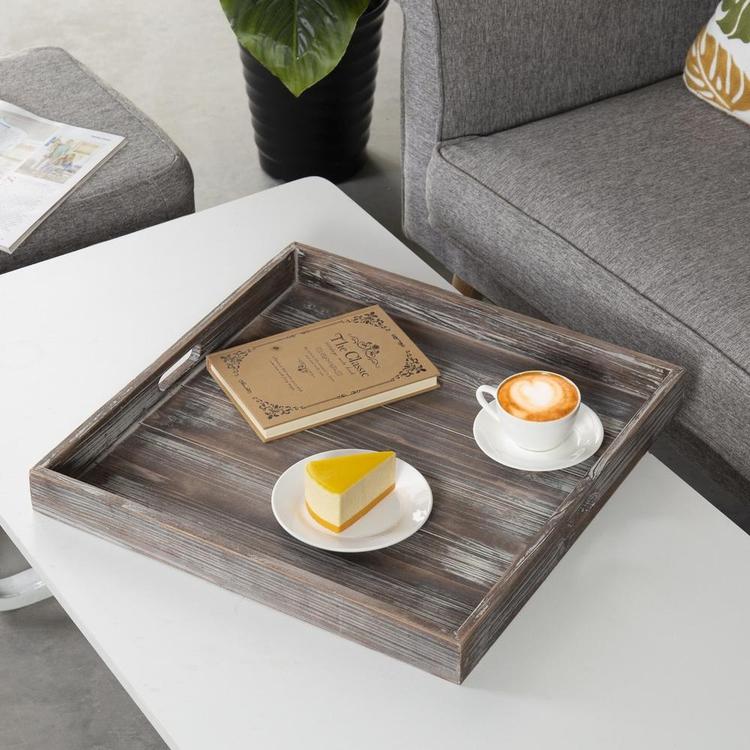 19-Inch Square Rustic Torched Wood Ottoman Tray - MyGift Enterprise LLC