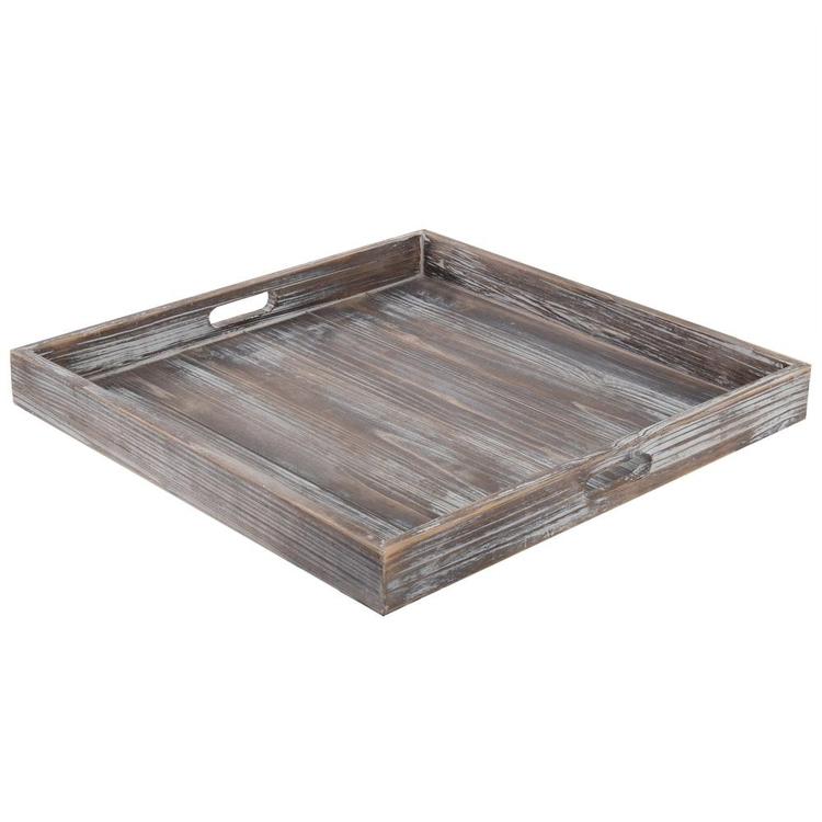 19-Inch Square Rustic Torched Wood Ottoman Tray - MyGift Enterprise LLC