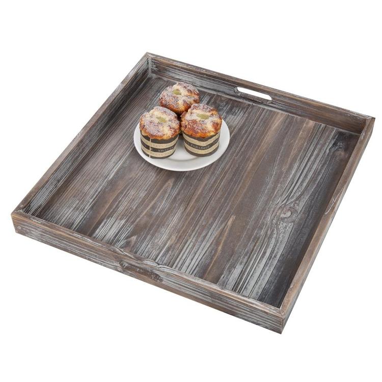 19-Inch Square Rustic Torched Wood Ottoman Tray