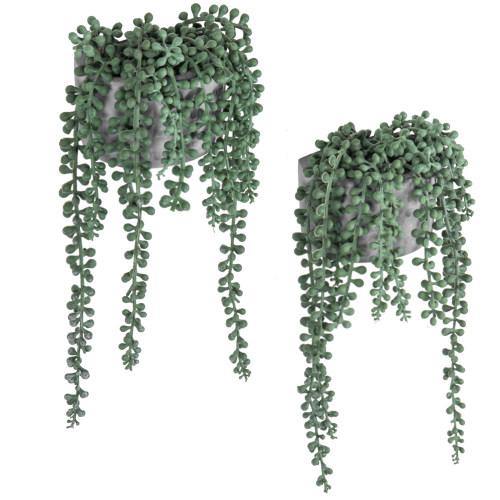 Artificial String of Pearls Plants in Wall-Hanging Gray Cement Planters, Set of 2 - MyGift