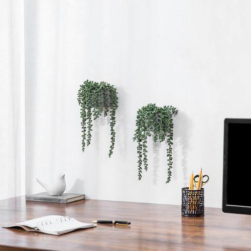 Artificial String of Pearls Plants in Wall-Hanging Gray Cement Plant Pots, Set of 2