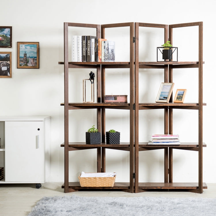 Modern Dark Brown Wood 4-Panel Open Bookcase Room Divider-MyGift