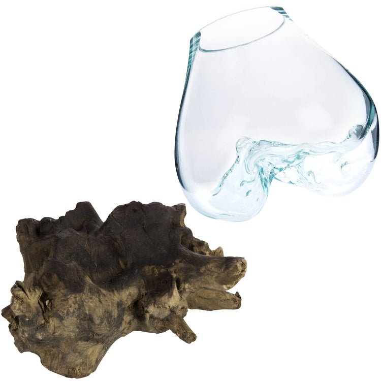 Large Natural Driftwood & Clear Molten Glass Bowl-MyGift