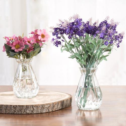 Decorative Clear Glass Diamond-Faceted Flower Vases, Set of 2