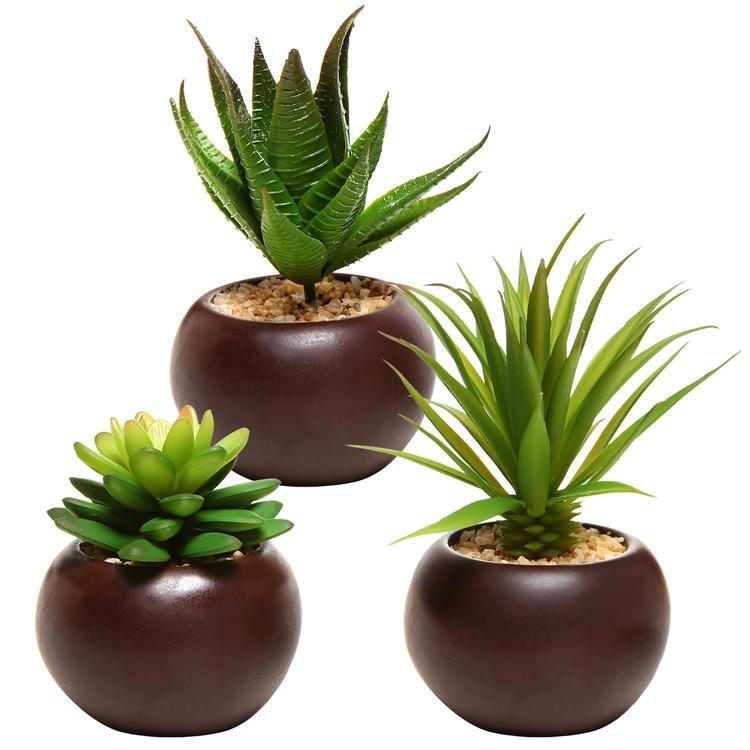 small fake succulent plants Artificial Mini Succulent Plants in Brown Planter, Set of 3