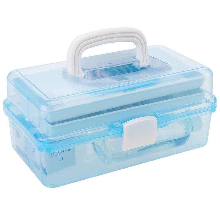 Transparent Blue Plastic Multipurpose Storage Box w/Handle & Expandable Trays - MyGift