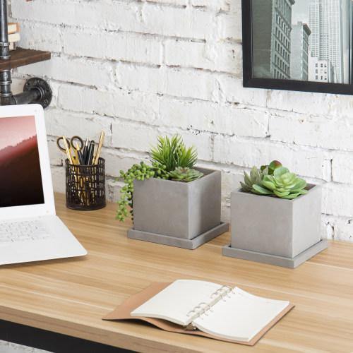 Gray Clay Cube Planters with Removable Trays, Set of 2