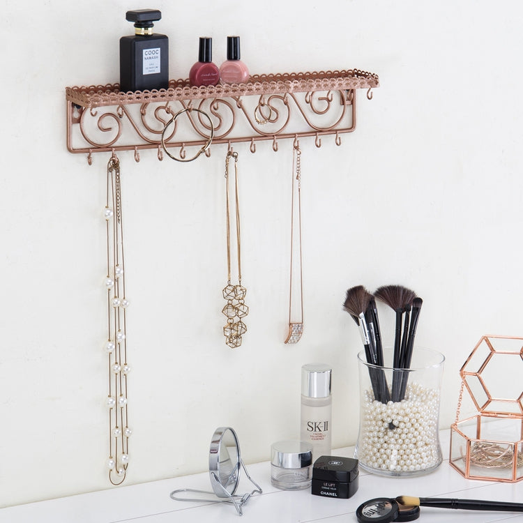 Rose Gold Metal Jewelry Rack with 25 Hooks for Hanging Necklaces, Wall Mounted Scrollwork Cosmetics Shelf