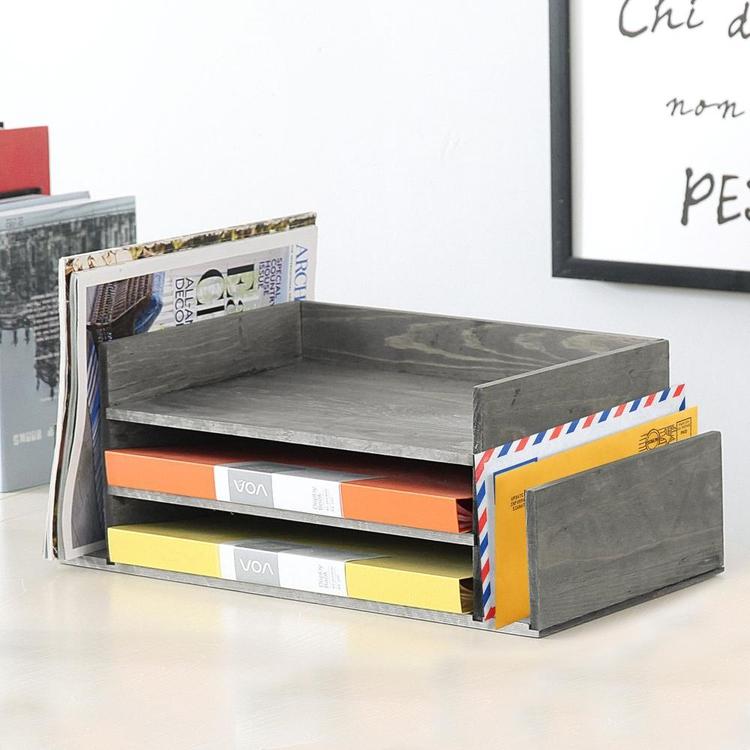 Weathered Gray Wood 3-Tier Office Desktop Document Tray & Mail Organizer Rack - MyGift Enterprise LLC