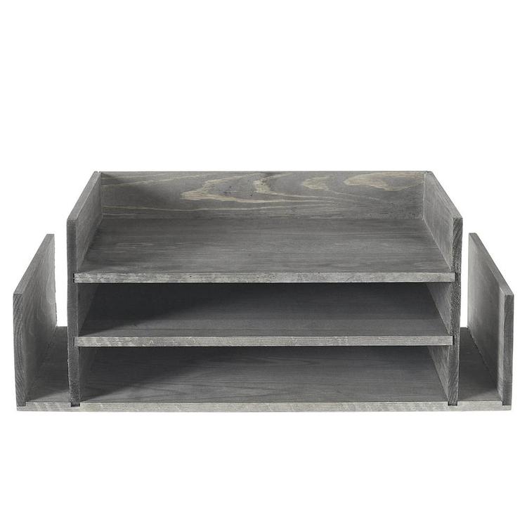 Weathered Gray Wood 3-Tier Office Desktop Document Tray & Mail Organizer Rack - MyGift Enterprise LLC