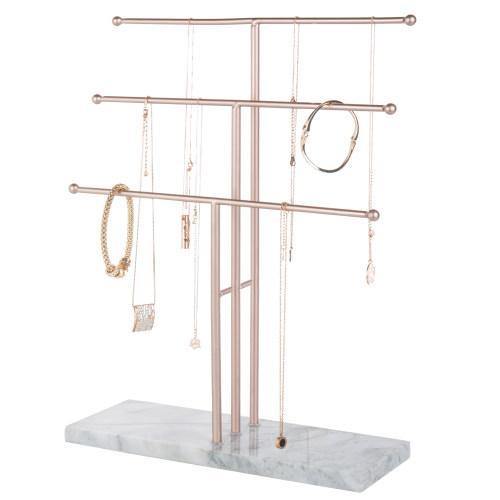 3-Tier Rose Gold-Tone Metal Necklace Display Stand with Stone Base - MyGift