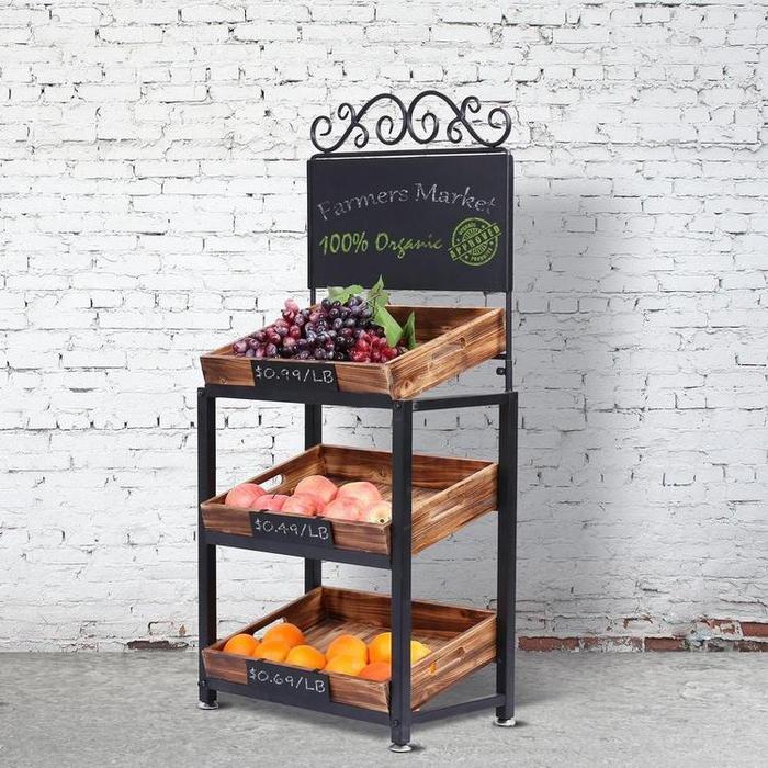 Vintage Metal & Burnt Wood Produce Stand with Chalkboard Signs