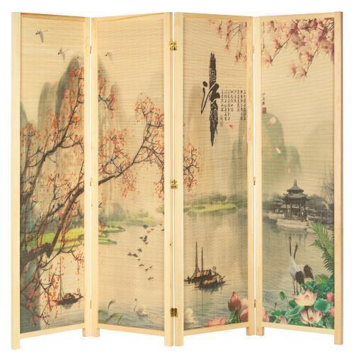 4-Panel Asian-Inspired Bamboo Room Divider, Cherry Blossom
