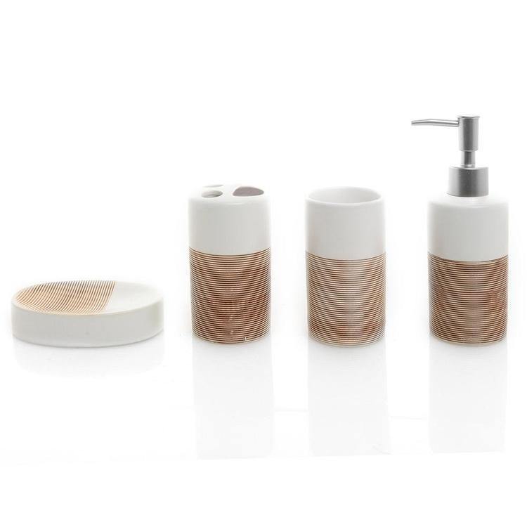 4 Pc White & Beige Ceramic Bath Set - MyGift