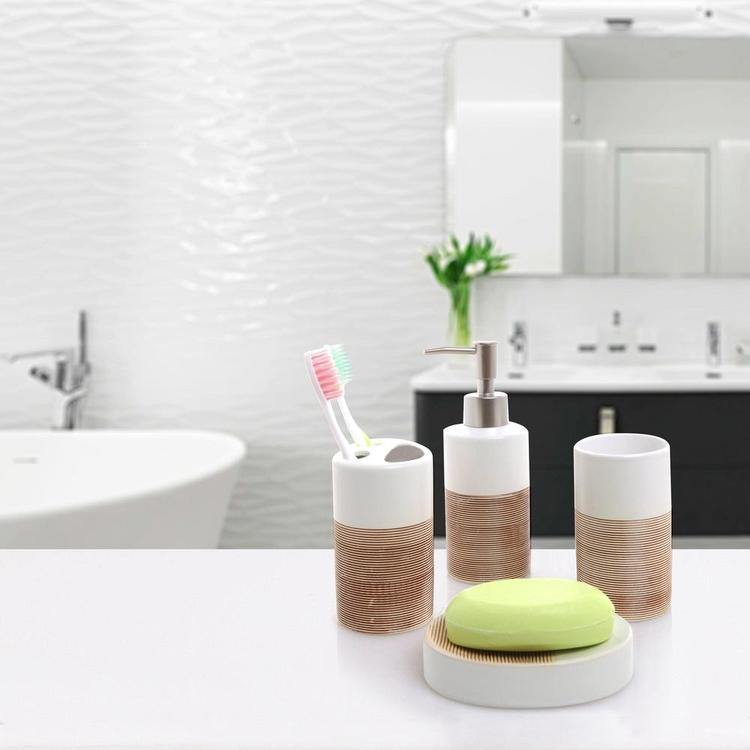 4 Pc White & Beige Ceramic Bathroom Accessory Set