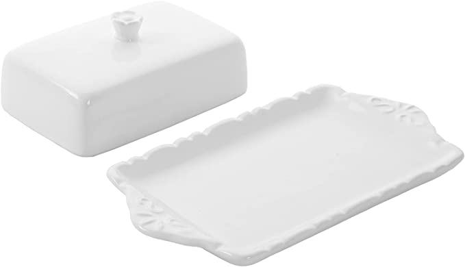 Large White Butter Holder with Lid, Vintage Ceramic Butter Dish Keeper - Holds 2 Sticks of Butter-MyGift