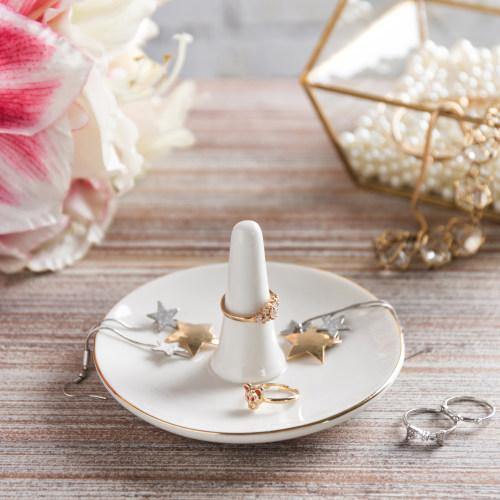 White Ceramic Jewelry Dish with Gold Trim