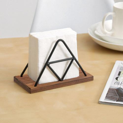 Triangle Design Metal Wire & Brown Wood Napkin Holder