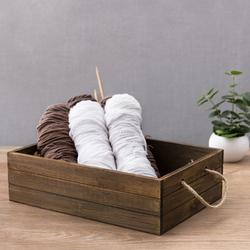 Rustic Brown Wood Storage Crate w/ Rope Handles