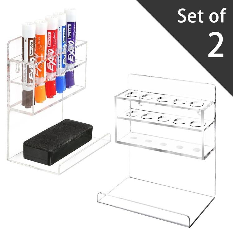 Clear Acrylic Wall Mounted Dry Erase Marker and Eraser Holder, Set of 2