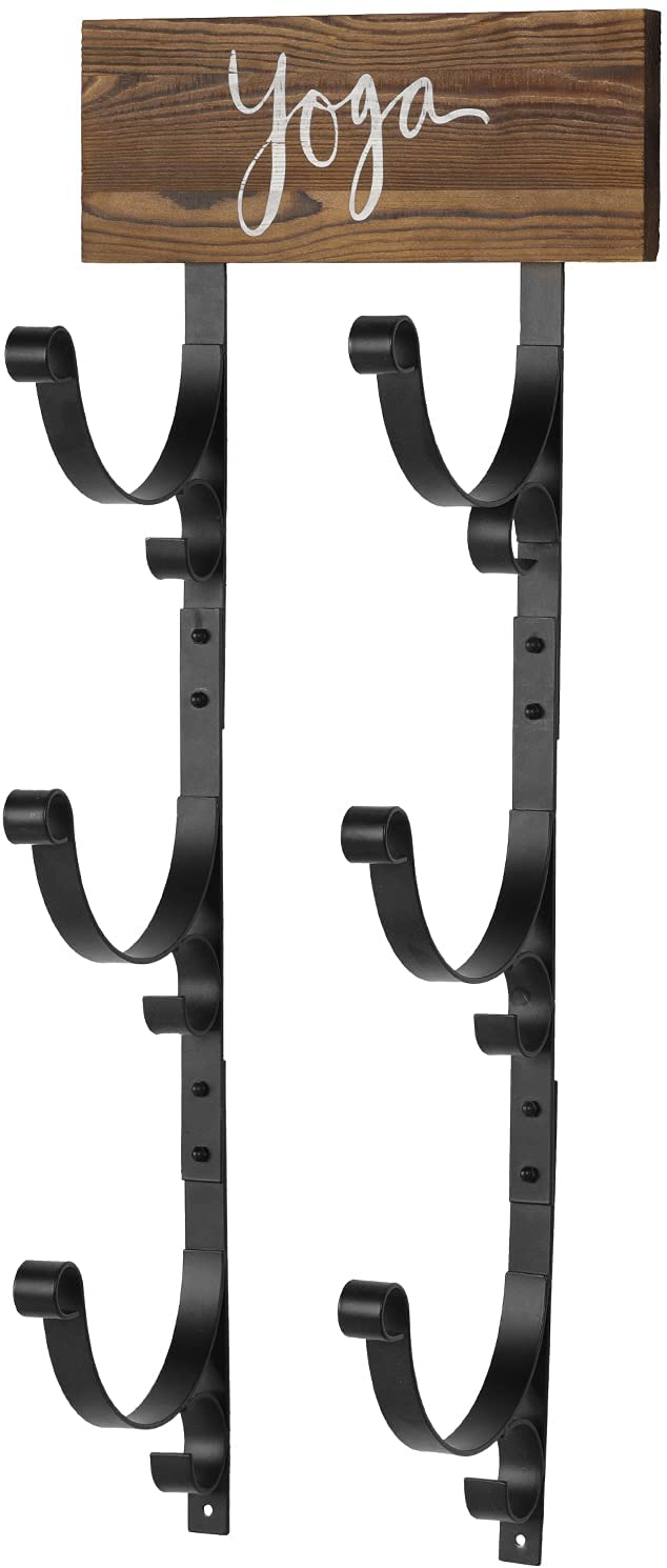 Wall Mounted Black Metal 3-Tier Yoga Mat Rack, Exercise Mat, Foam Roller Holder with Burnt Wood "yoga" Sign-MyGift