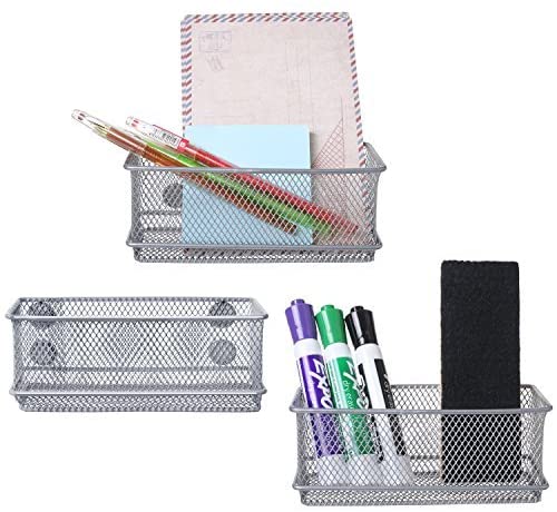 Magnetic Silver Metal Mesh Storage Baskets, Office Supply Organizers, Set of 3