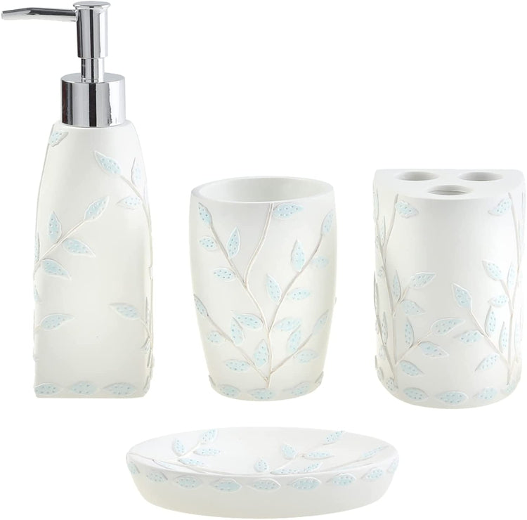 White 4-Piece Bathroom Set, Embossed Powder Blue Leaf and Branch Pattern Includes Pump Dispenser, Tumbler, Toothbrush Holder, Soap Dish-MyGift