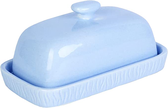 Sky Blue Ceramic Butter Dish, Etched Rectangular Butter Stick Tray with Cover Lid-MyGift