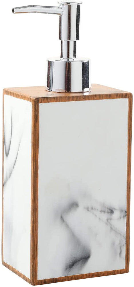 Marble Style, Dark Wood Rectangular Bathroom Accessories Set with Pump Dispenser, Tumbler, Toothbrush Holder, Soap Dish-MyGift